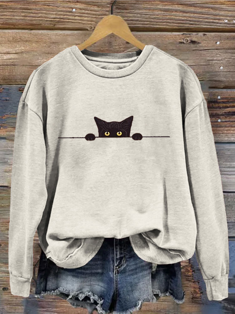 Comstylish Women's Casual Funny Black Cat Print Sweatshirt