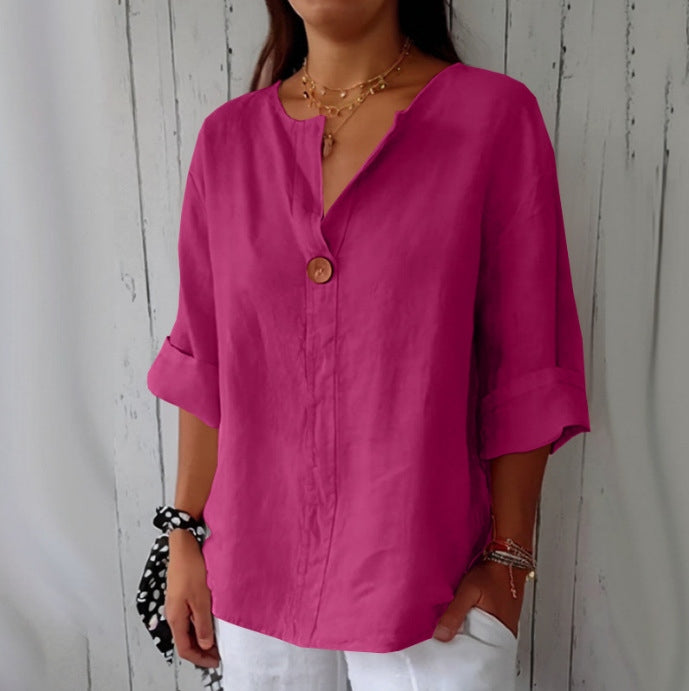Comstylish Solid Color Linen Blend Loose Blouse
