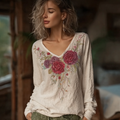 Bohemian Style Retro Red Rose Pattern Women's V-neck Long-sleeve Top elevenforest