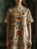 Vintage Lace Floral Embroidery Women's Linen Dress artswardrobe