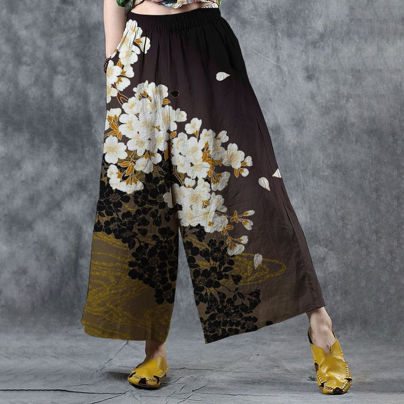 Comstylish Women's Retro Floral Art Print Cotton and Linen Comfortable Wide Leg Pants