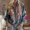 Women's Vintage Floral Embroidery Art Linen Blend Shirt artswardrobe