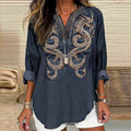 Comstylish Women's Viking Dragon Embroidery Art Linen Print Casual Shirt