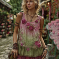Women's Retro Classy Boho Rose And Floral Embroidered Art Linen And Cotton Tank Top artswardrobe