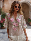 Bohemian Style Romantic Pink Three-dimensional Rose Embroidery Pearl Sequin Linen Women's Small V-neck Short-sleeved Shirt artswardrobe