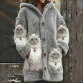 Comstylish Cat Wearing Pearl Necklace Thick Hooded Cardigan Long Sweater