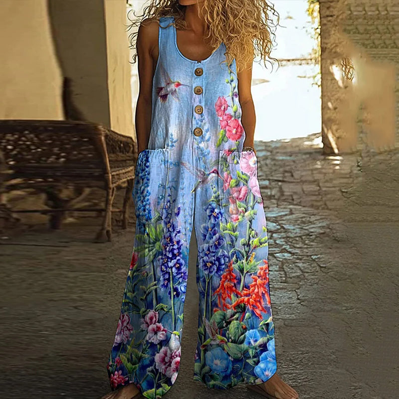 Women's Floral Art Print Wide Leg Casual Jumpsuit artswardrobe