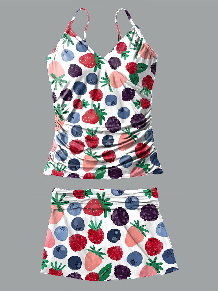 V-Neck Cute Multicolor Berries Art Print Suspender Skirt Tankini Pantskirt Set Swimsuit