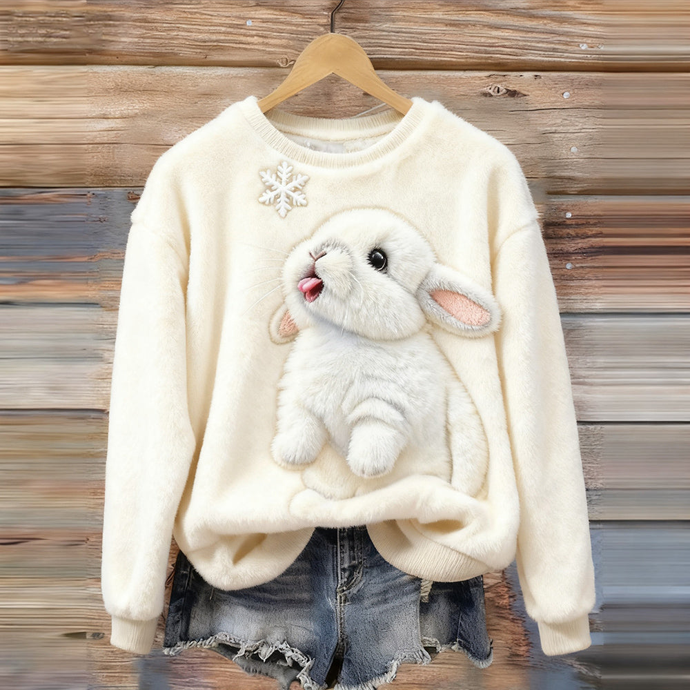 Cute Bunny & Snowflake Embroidered Cozy Plush Sweatshirt artswardrobe