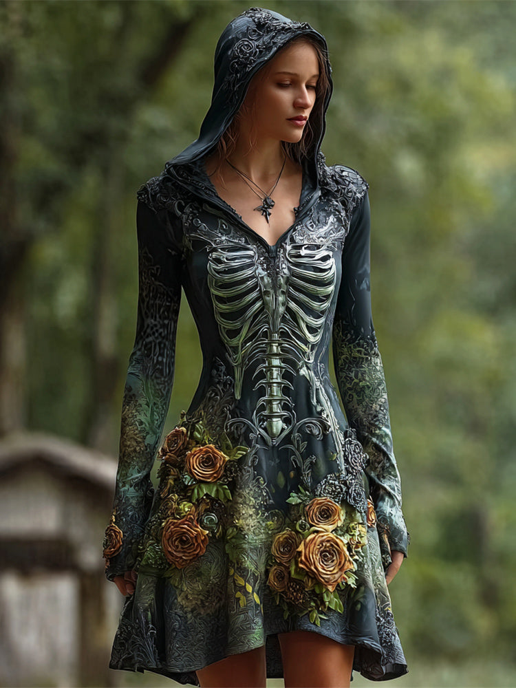 Comstylish Halloween Vintage Rose Skeleton Dark Art Women's Hooded Mini Dress