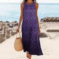 Women's Ethnic Totem Floral Print Round Neck Linen Blend Tank Midi Dress artswardrobe