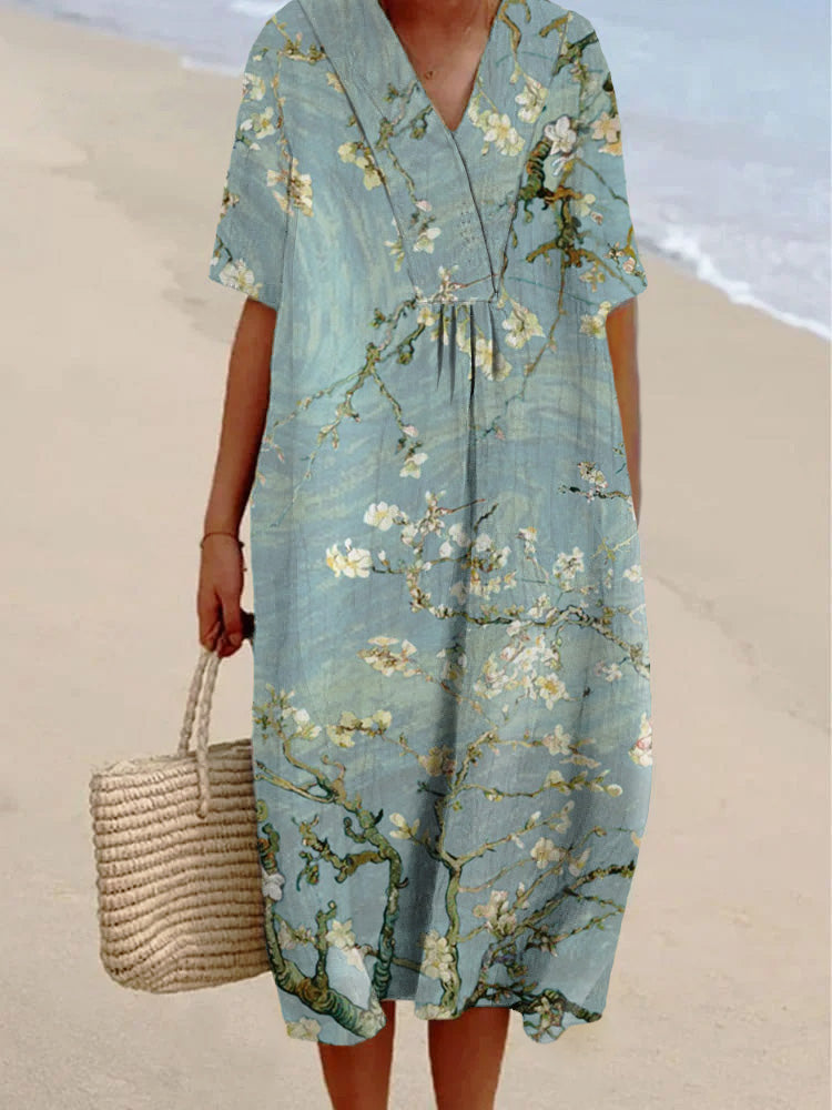Elegant Ink Painting Flowers Printed Women's Casual Cotton And Linen