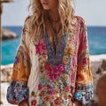 Comstylish Bohemian Style Bright-colored Floral Resort Long-sleeved V-neck Top