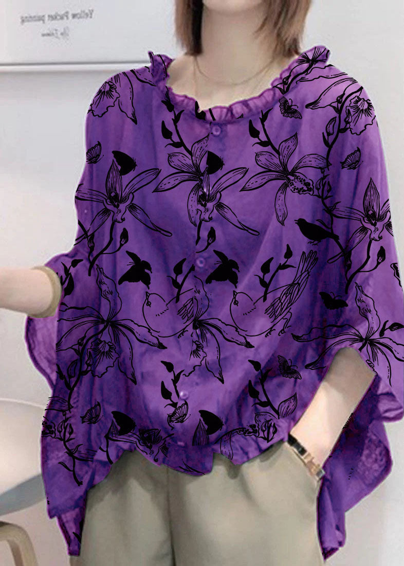 Art Navy Tops Ruffles Trim Half Sleeve Shirts Blouse
