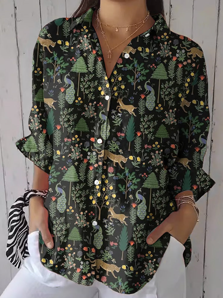 Women's Casual Retro Forest Animal Print Cotton And Linen Shirt artswardrobe