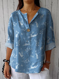 Spring Woodland Rabbit Repeat Pattern Printed Women's Casual Cotton Linen Shirt
