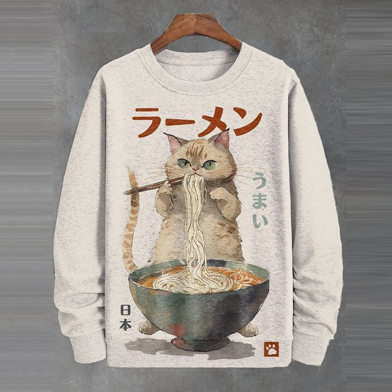 Men's Japanese Fun Ramen Cat Print Casual Sweatshirt elevenforest