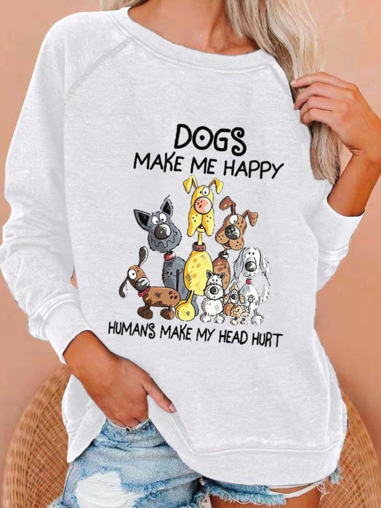 Comstylish Dog Makes Me Happy Print Long Sleeve Sweatshirt