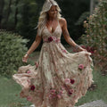 Women's Vintage Rose Floral Embroidery Art V-neck Suspender Maxi Dress artswardrobe
