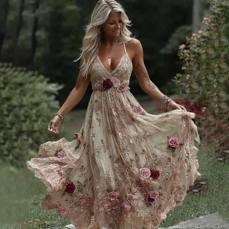 Women's Vintage Rose Floral Embroidery Art V-neck Suspender Maxi Dress artswardrobe