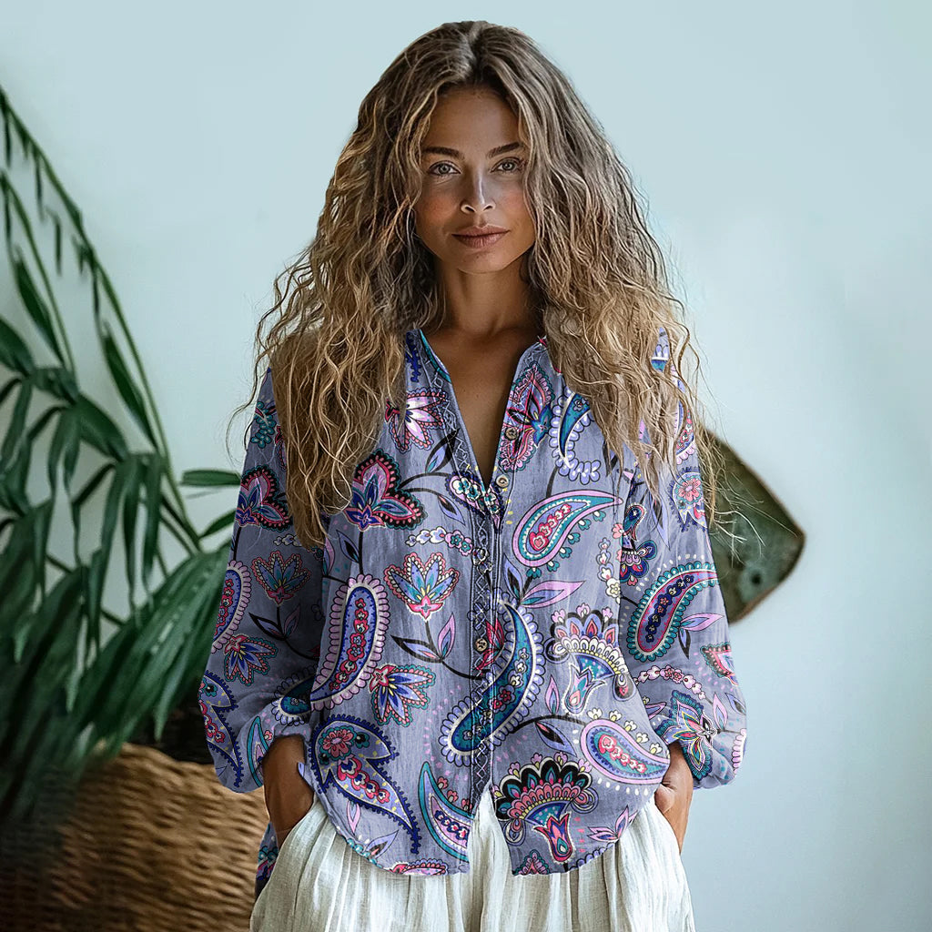 Bohemian Style Paisley Linen Print  Long Sleeve Shirt artswardrobe