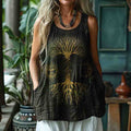 Women's Retro S Tree Of Life Art Sun And Moon Style Linen Sleeveless Tank Top artswardrobe
