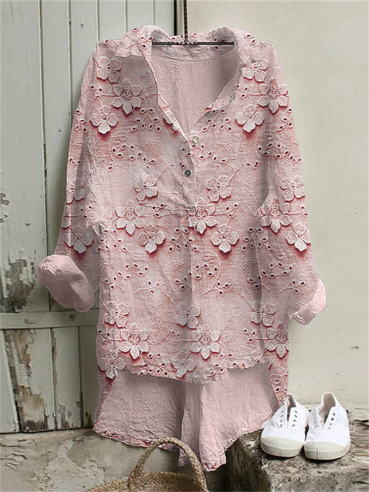 Comstylish 3D Floral Embroidered Lace Linen Blend Tunic