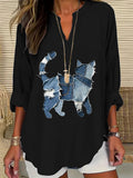 Women's Casual Funny Denim Cat Print T-shirt artswardrobe