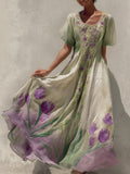 Vintage Purple Tulips Pattern Gradient Linen Maxi Dress artswardrobe