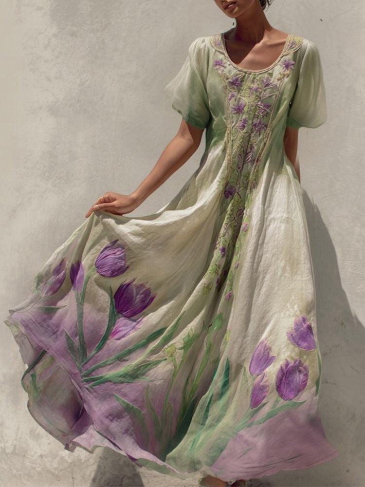Vintage Purple Tulips Pattern Gradient Linen Maxi Dress artswardrobe