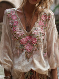 Comstylish Bohemian Style Embroidered Rose Long Sleeved V-neck Retro Top