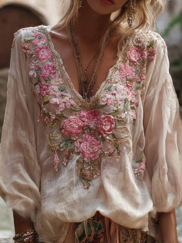 Comstylish Bohemian Style Embroidered Rose Long Sleeved V-neck Retro Top
