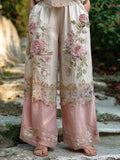 Boho Vintage Floral Lace Patchwork Art Women's Linen Trousers artswardrobe