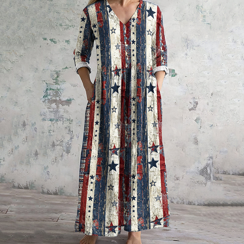 Vintage Independence Day Stripes Print V-neck Linen Blend Midi Dress artswardrobe