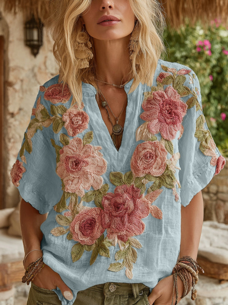 Women's Vintage Floral Art V Neck Linen Short Sleeve T-shirt artswardrobe