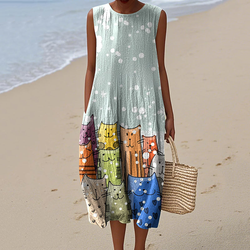 Women's Vintage Cute Cats Art Print Sleeveless Dress artswardrobe