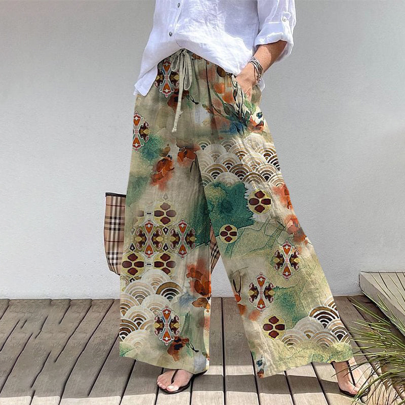 Comstylish Retro Elegant Japanese Watercolor Art Print Cotton Linen Wide Leg Pants