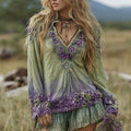 Comstylish Vintage Classy Gradient Purple Pansy Embroidered Art Linen Long Sleeve Blouse