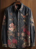 Western Style Flower And Bird Elements Retro Cotton And Linen Short-sleeve Shirt artswardrobe