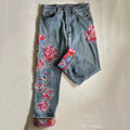 Comstylish Vintage Japanese Sakura Applique Embroidery Art Design Jeans