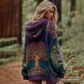 Comstylish Women's Floral And Life Of Tree Zipper Knitted Cozy Hooded Cardigan