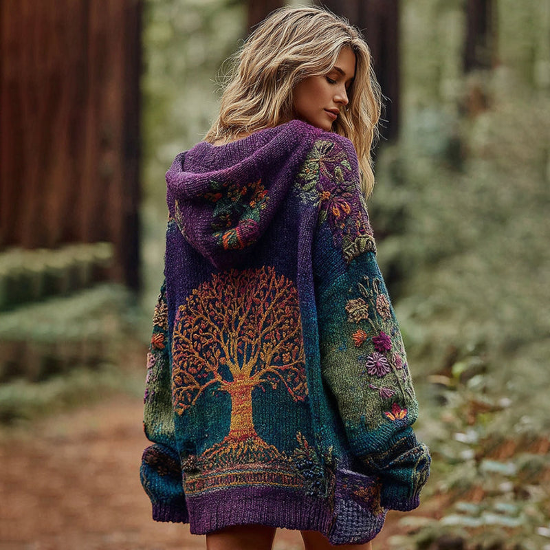Comstylish Women's Floral And Life Of Tree Zipper Knitted Cozy Hooded Cardigan