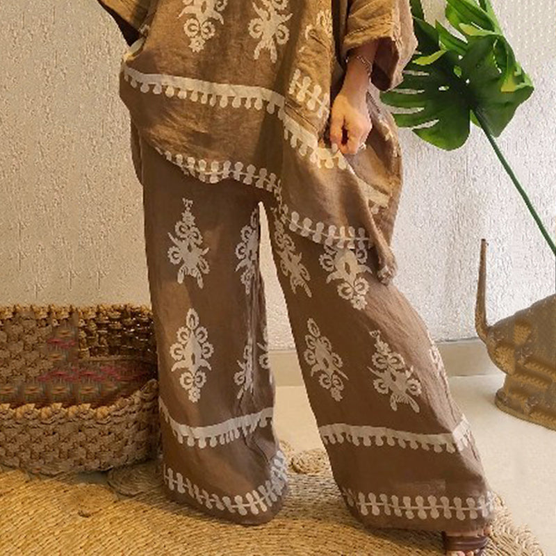 Women's Fashion Ethnic Floral Linen Long Sleeve Pants Two-piece Set artswardrobe