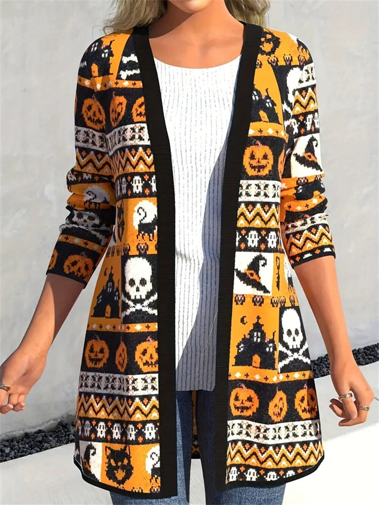 Halloween Element Patchwork Women's Long Sleeve Cardigan artswardrobe