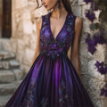 Mystical Purple Roses Vines Embroidered Linen Maxi Dress artswardrobe