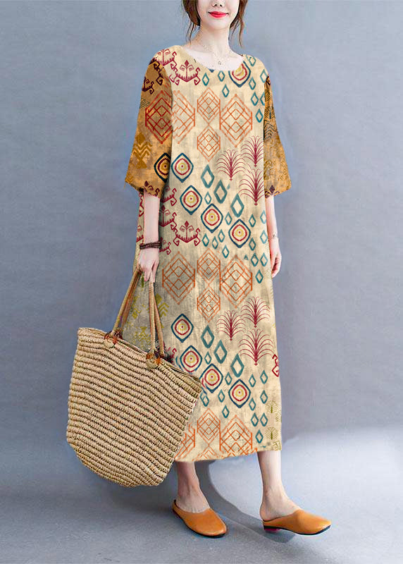 Modern Color Block Loose O-neck Print Summer Side Open Dress Half Sleeve