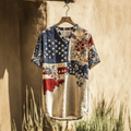 Men's American Flag Independence Day With Floral Patchwork Sun Linen T-shirt artswardrobe