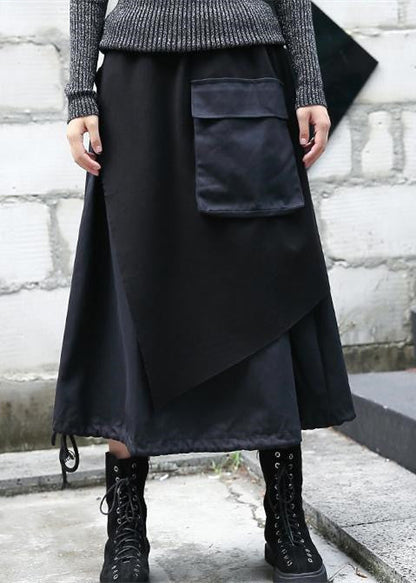Baggy Black Midi-length Skirt Oversize Traveling Clothing Patchwork Asymmetrical Design Autumn Skirt