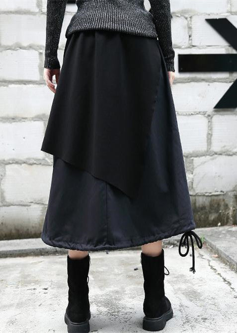 Baggy Black Midi-length Skirt Oversize Traveling Clothing Patchwork Asymmetrical Design Autumn Skirt