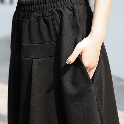 Baggy Black Cotton Shift Skirt Holiday Skirt Elastic Waist Baggy New Asymmetrical Design Autumn Skirt